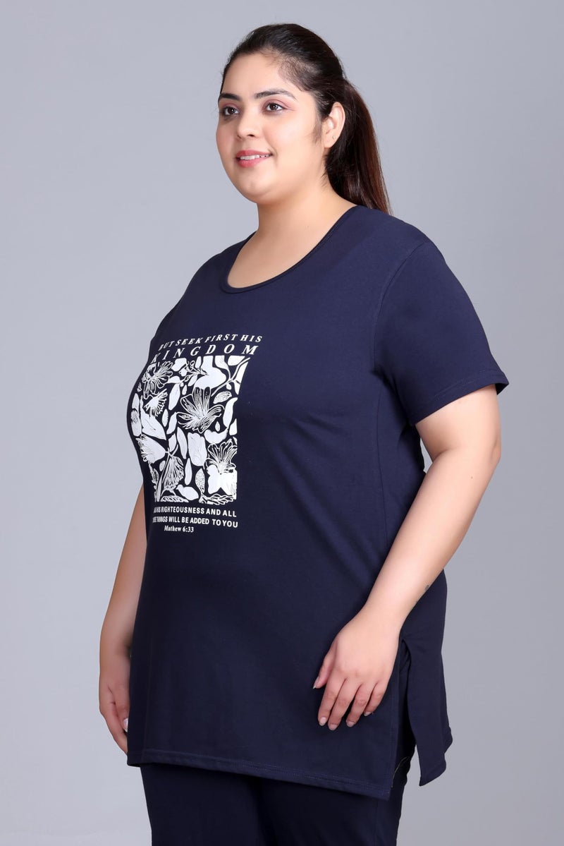 In Love Women's Cotton Plus Size Half Sleeves Semi Long Printed Tshirt for Summers with One Side Pocket for Ladies - Image 2