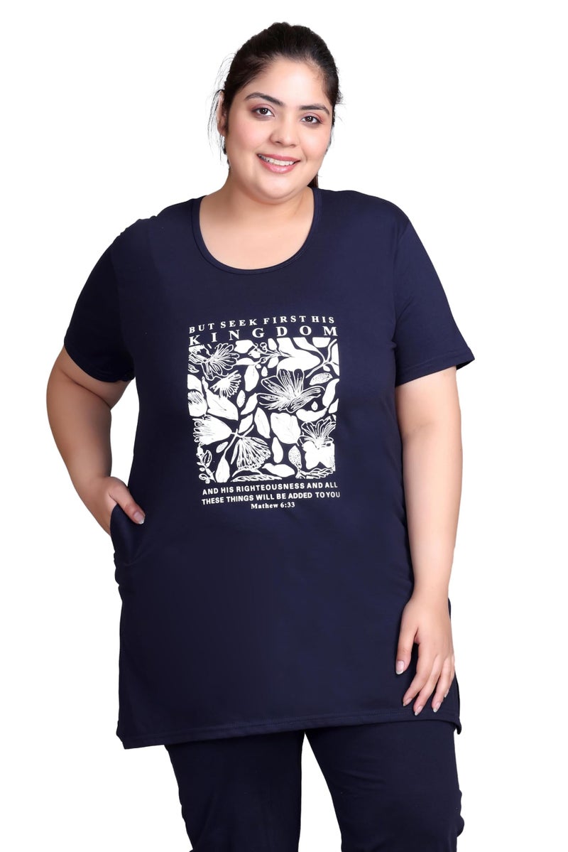 In Love Women's Cotton Plus Size Half Sleeves Semi Long Printed Tshirt for Summers with One Side Pocket for Ladies - Image 1