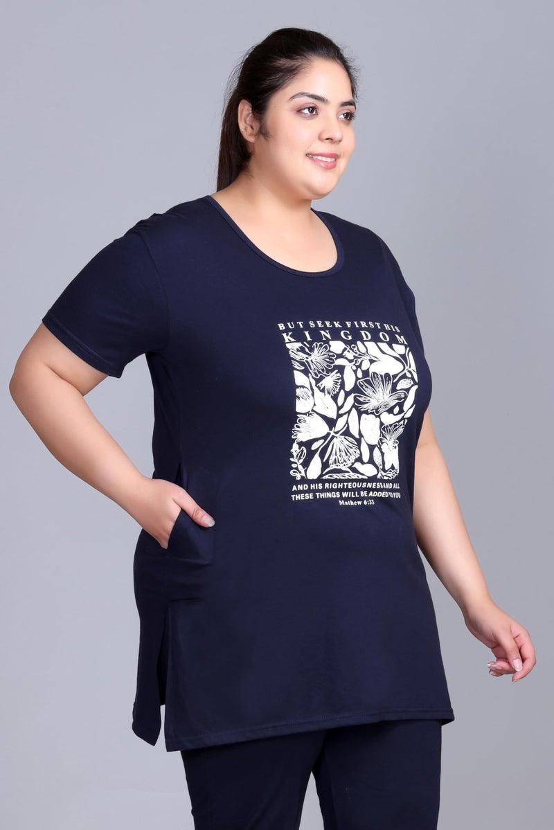 In Love Women's Cotton Plus Size Half Sleeves Semi Long Printed Tshirt for Summers with One Side Pocket for Ladies - Image 5
