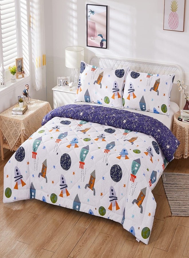 Brandream Kids Space Bedding Set Boy Girl Cotton Comforter Set Space Rocket Galaxy Bedroom 3-Piece Full Size - Image 3