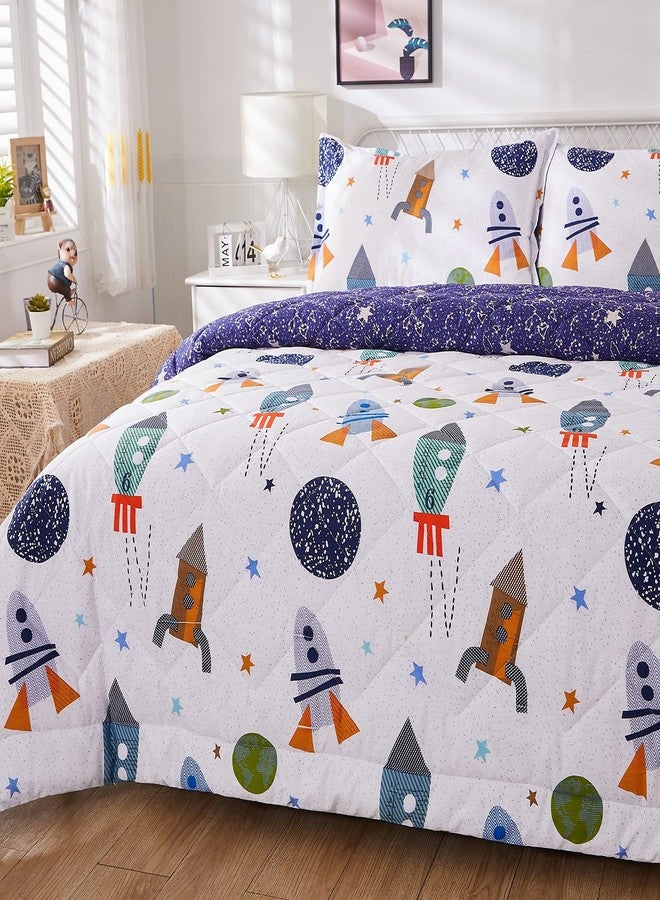 Brandream Kids Space Bedding Set Boy Girl Cotton Comforter Set Space Rocket Galaxy Bedroom 3-Piece Full Size - Image 1