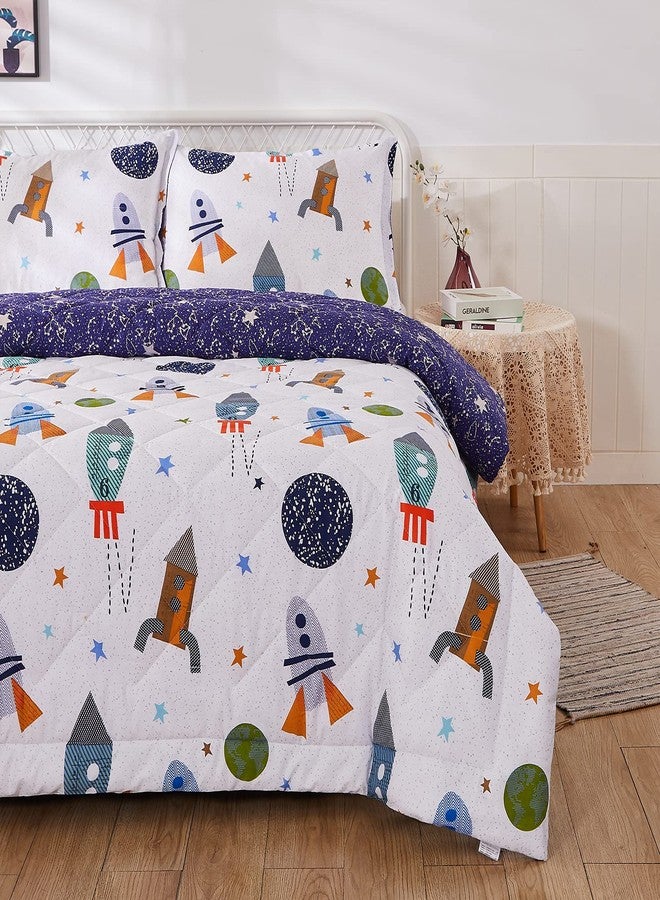 Brandream Kids Space Bedding Set Boy Girl Cotton Comforter Set Space Rocket Galaxy Bedroom 3-Piece Full Size - Image 2