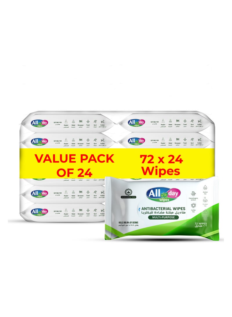 All day wipes All Day Antibacterial Wet Wipes (Multi-Purpose)-72 Count: Kills 99.9% of Germs. For Skin and Surface. Designed for everyday use, Bleach free. Keep your environment clean and germ-free. ( Pack of 24) - Image 1