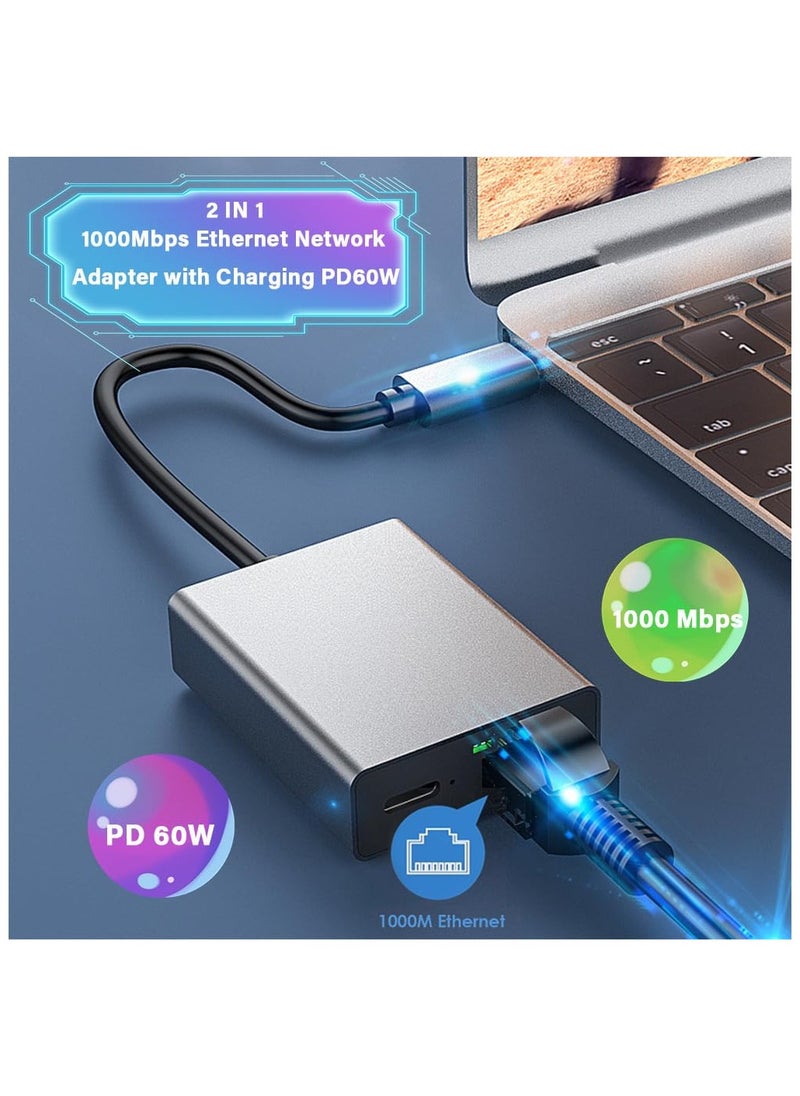 SYOSI - USB C to Ethernet Adapter with PD 60W Charging - Plug and Play, 1000Mbps LAN Network Support, Aluminum Portable USB C to Gigabit Adapter for Android, iPad, MacBook, and More USB C Devices - Image 1