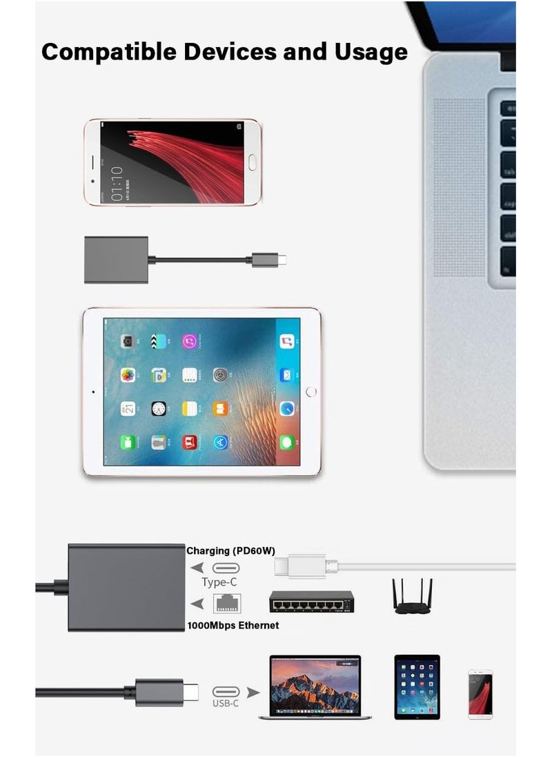 SYOSI - USB C to Ethernet Adapter with PD 60W Charging - Plug and Play, 1000Mbps LAN Network Support, Aluminum Portable USB C to Gigabit Adapter for Android, iPad, MacBook, and More USB C Devices - Image 1