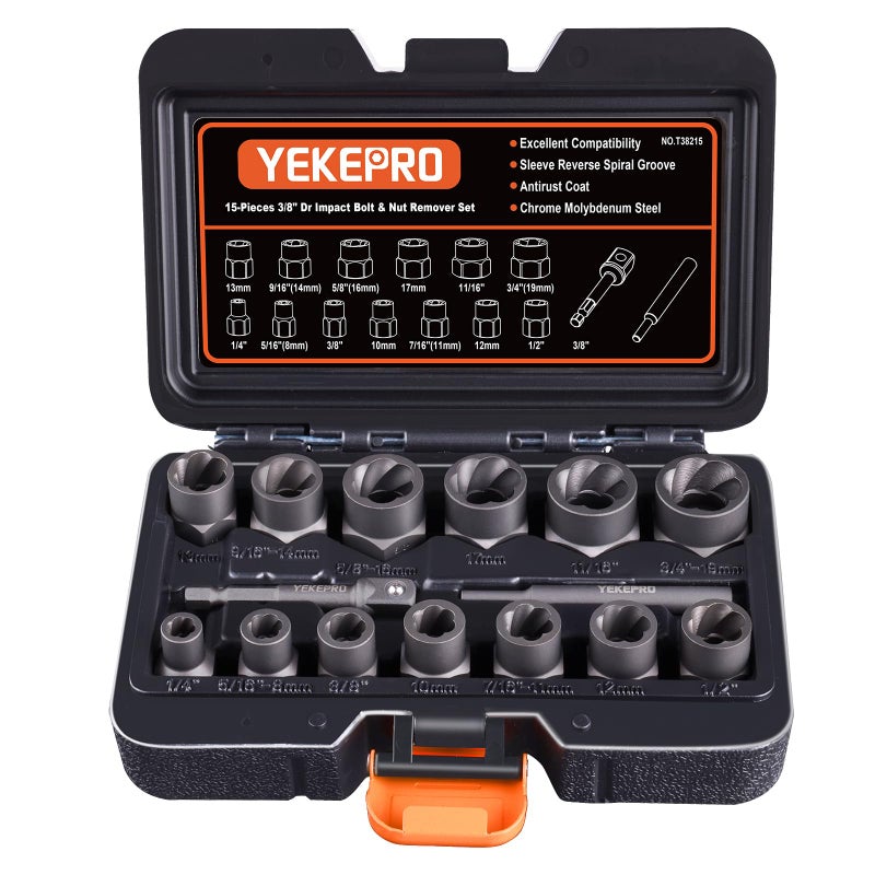YEKEPRO 15 PCS Bolt Extractor Set 38 Drive Impact Bolt Nut Remover Socket Tool Kit Stripped For Damaged Frozen Studs Rusted RoundedOff Bolts Nuts Screws CrMo Steel T38215