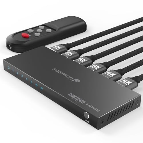 Fosmon 5-Port HDMI 8K Switch with Remote, Support 8K@60Hz 4K@120Hz HDR10+ HDCP 2.3 High Speed 48Gbps 5 in 1 Out Auto-Switching 5x1 HDMI 2.1 Switcher Splitter Hub Compatible with PS5, Xbox X, Apple TV - Image 1