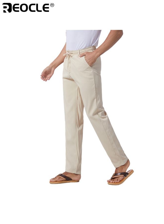 REOCLE Men's Linen Trousers with Elastic Drawstring Waist and Lightweight Design Casual Beach Pants with Summer Comfort for Resort Wear - Image 1