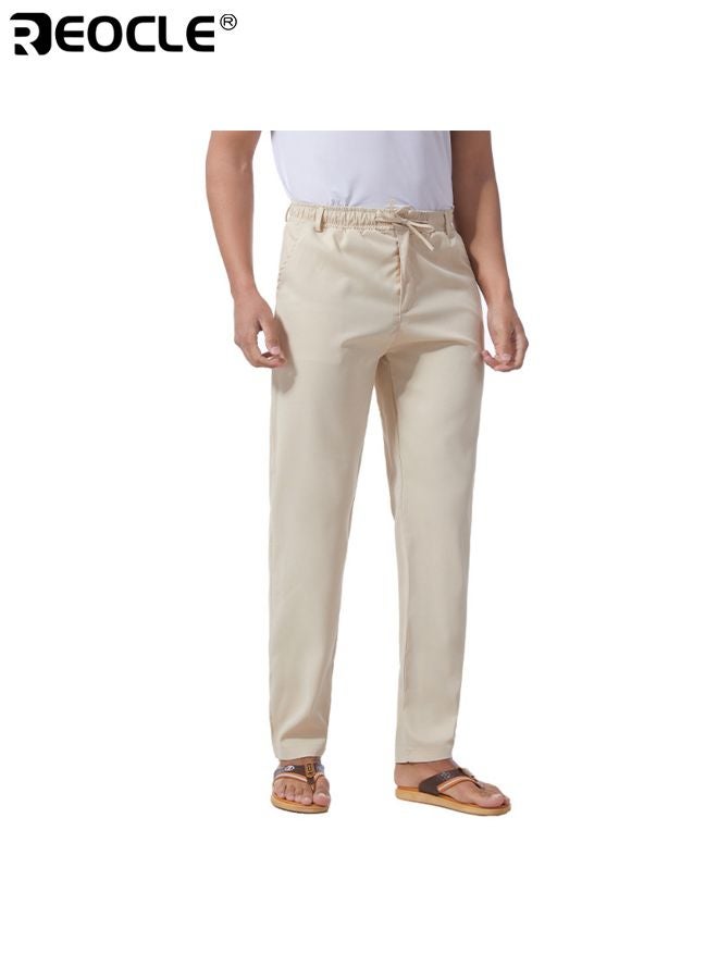 REOCLE Men's Linen Trousers with Elastic Drawstring Waist and Lightweight Design Casual Beach Pants with Summer Comfort for Resort Wear - Image 3