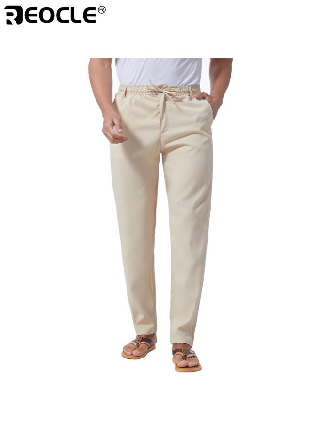 REOCLE Men's Linen Trousers with Elastic Drawstring Waist and Lightweight Design Casual Beach Pants with Summer Comfort for Resort Wear - Image 2