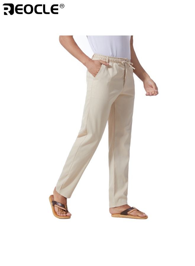 REOCLE Men's Linen Trousers with Elastic Drawstring Waist and Lightweight Design Casual Beach Pants with Summer Comfort for Resort Wear - Image 4