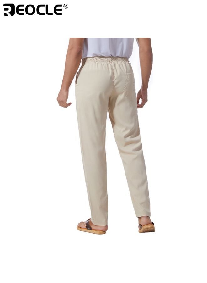 REOCLE Men's Linen Trousers with Elastic Drawstring Waist and Lightweight Design Casual Beach Pants with Summer Comfort for Resort Wear - Image 5