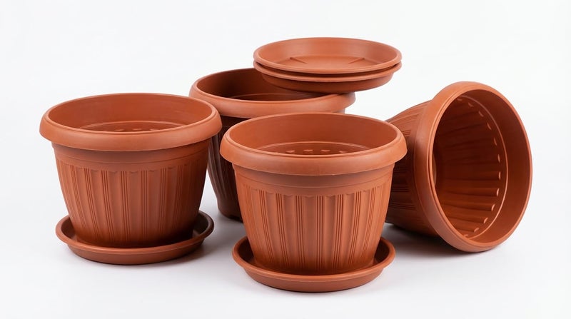 Round Plastic Planter Pots Set Of 4 20 Cm With Water Collection Saucers Brick - Image 1