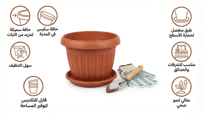 Round Plastic Planter Pots Set Of 4 20 Cm With Water Collection Saucers Brick - Image 3