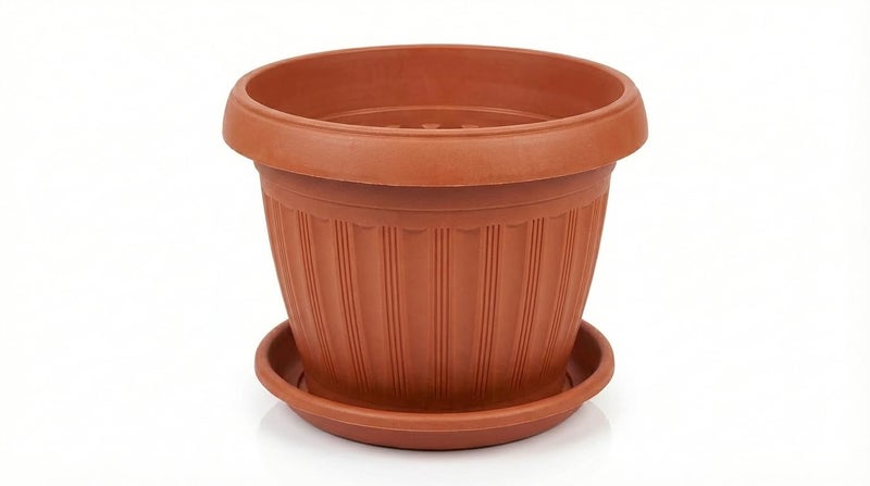 Round Plastic Planter Pots Set Of 4 20 Cm With Water Collection Saucers Brick - Image 2