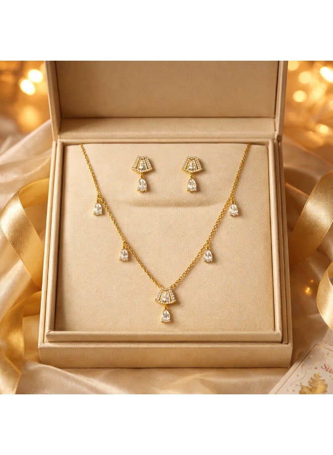 MTZ Women Jewellery Set, 14K Gold Plated Dainty Pendant Necklace & Stud Earrings Set for Wedding Party Daily Wear - Image 3