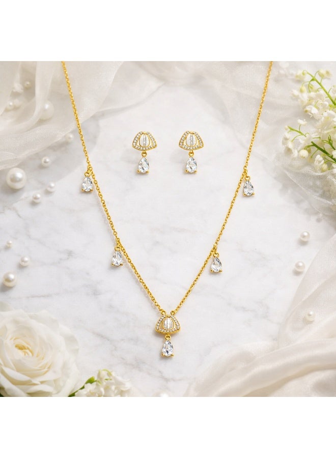 MTZ Women Jewellery Set, 14K Gold Plated Dainty Pendant Necklace & Stud Earrings Set for Wedding Party Daily Wear - Image 2