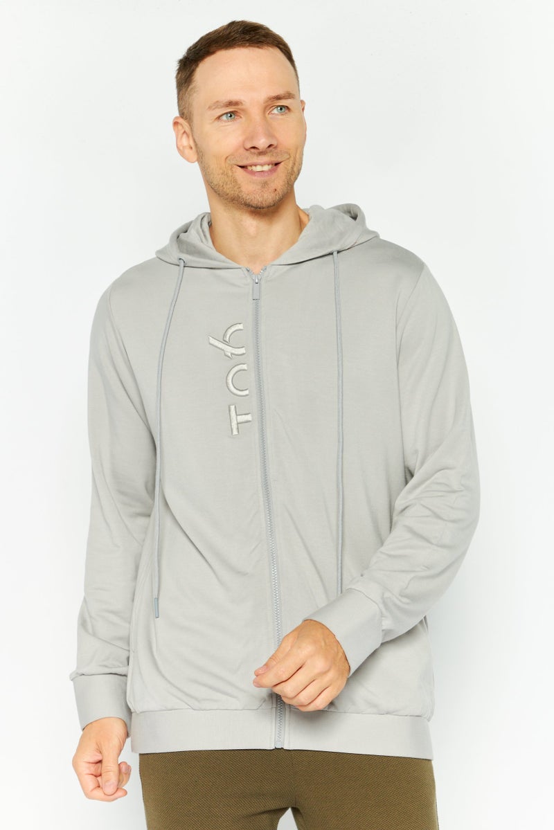 TRIBE OF 6 Men Embroidered Long Sleeves Full Zip Hoodie, Light Grey - Image 1