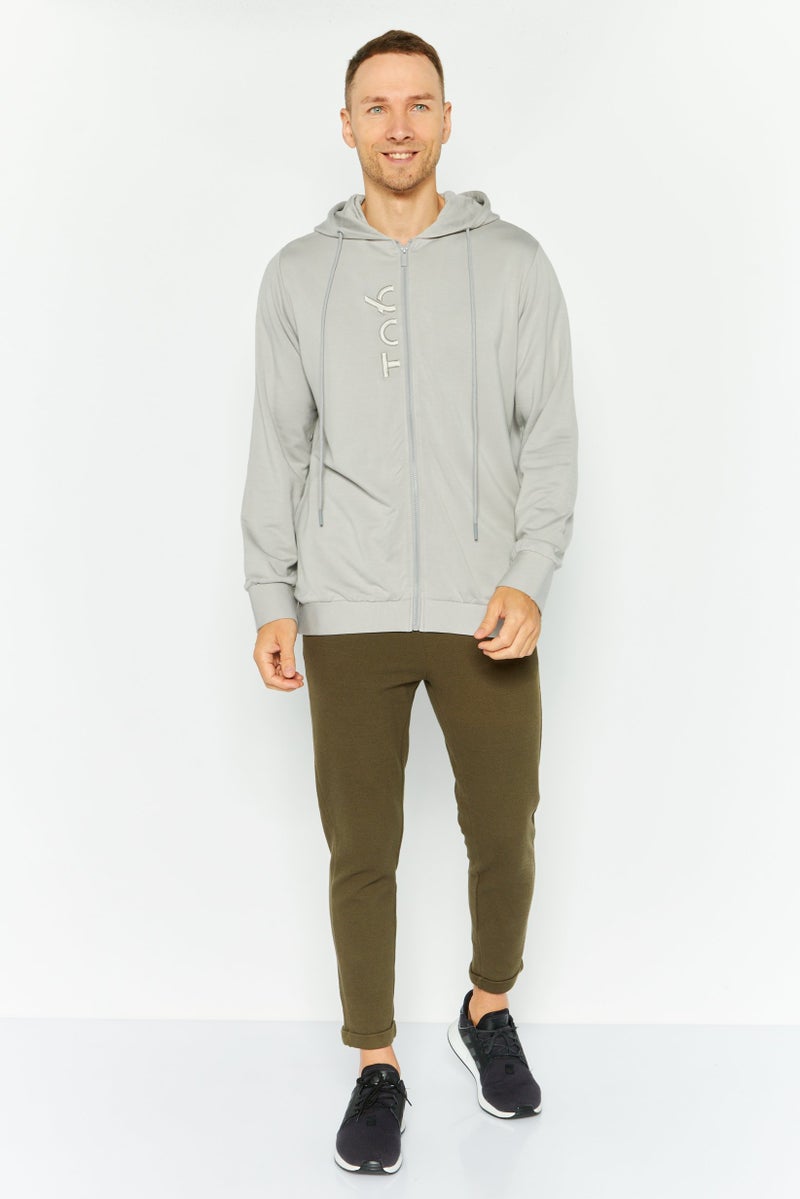 TRIBE OF 6 Men Embroidered Long Sleeves Full Zip Hoodie, Light Grey - Image 2