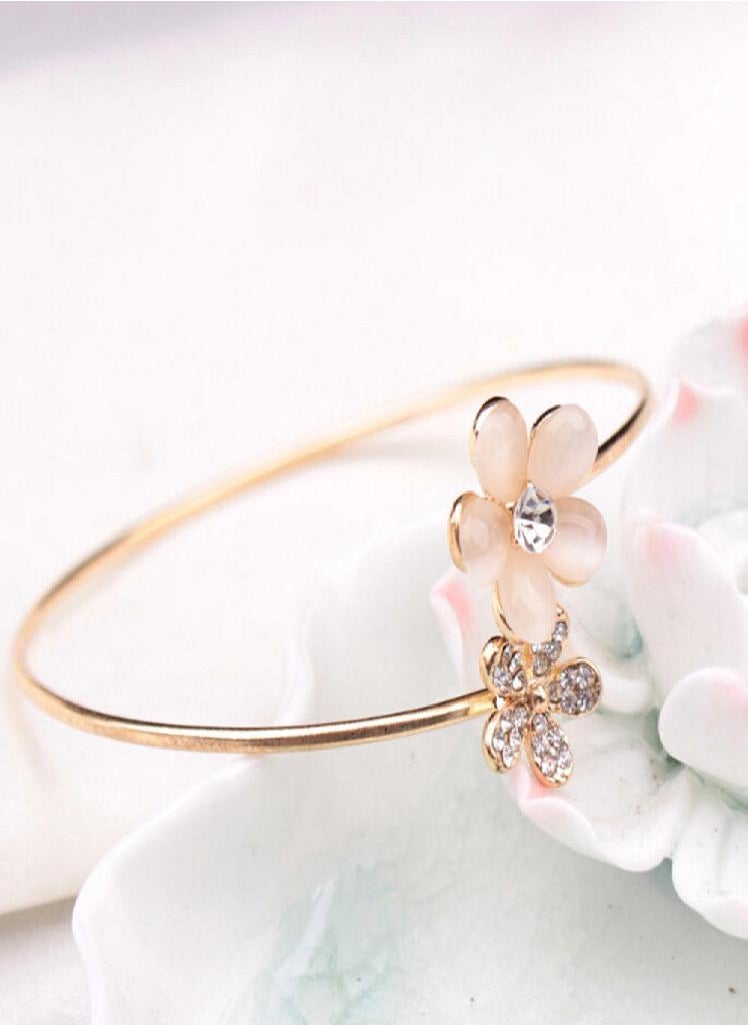 Eckek - Lady Crystal Double Five Leaf Open Bangles Bracelet - Image 1