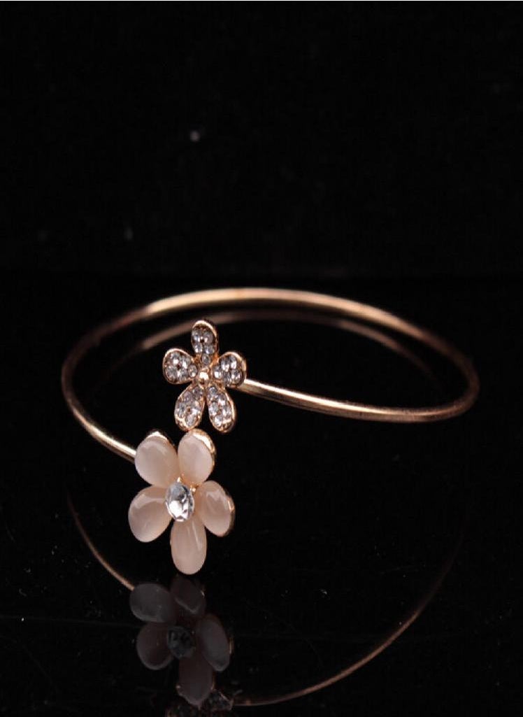 Eckek - Lady Crystal Double Five Leaf Open Bangles Bracelet - Image 1
