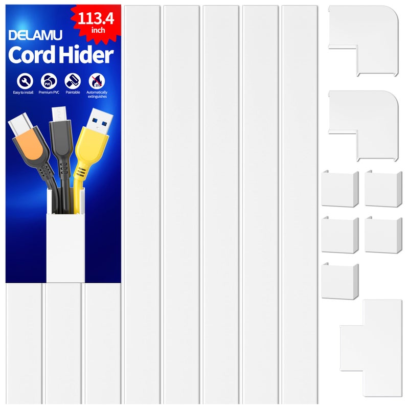 Delamu Cord Covers for Wires on Wall, 113.4in TV Cord Hider, Self-adhesive Cable Hider Cable Cover Raceway, Paintable Wire Hider Wire Covers for Cords, Hide Cords Wall Mounted Tv, W0.95Ã—H0.55in, White - Image 1
