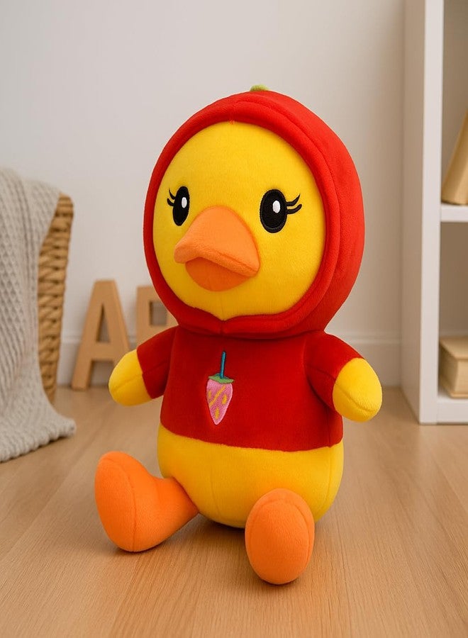 SARO 30cm Soft Yellow Duck Plush Toy with Red Hoodie – Cute Stuffed Animal with Strawberry Design for Kids (SARODUCK_RED_30cm) - Image 4