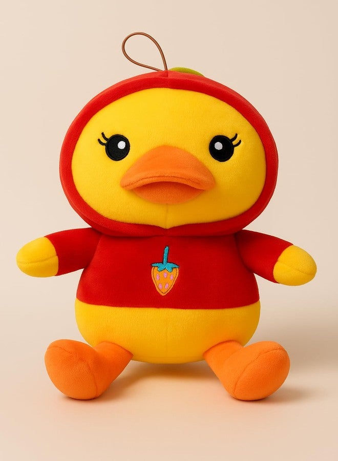 SARO 30cm Soft Yellow Duck Plush Toy with Red Hoodie – Cute Stuffed Animal with Strawberry Design for Kids (SARODUCK_RED_30cm) - Image 1