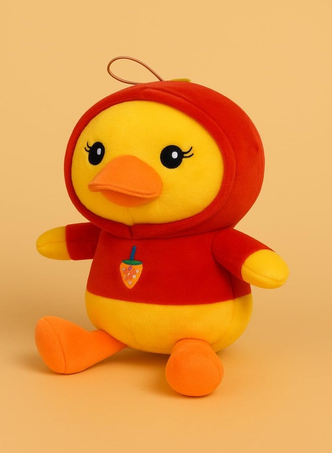 SARO 30cm Soft Yellow Duck Plush Toy with Red Hoodie – Cute Stuffed Animal with Strawberry Design for Kids (SARODUCK_RED_30cm) - Image 3