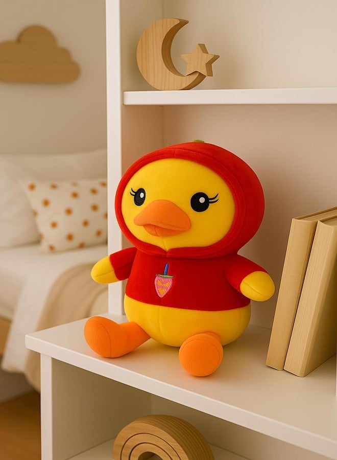 SARO 30cm Soft Yellow Duck Plush Toy with Red Hoodie – Cute Stuffed Animal with Strawberry Design for Kids (SARODUCK_RED_30cm) - Image 2