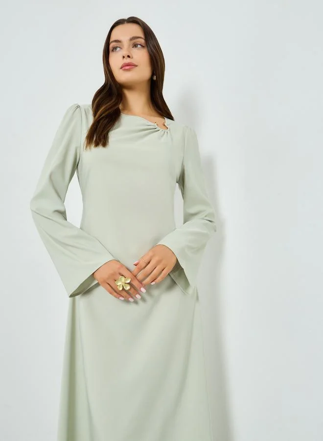 Take Two Green Asymmetric Neck Long Sleeve Maxi Dress