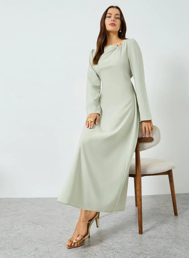 Take Two Green Asymmetric Neck Long Sleeve Maxi Dress