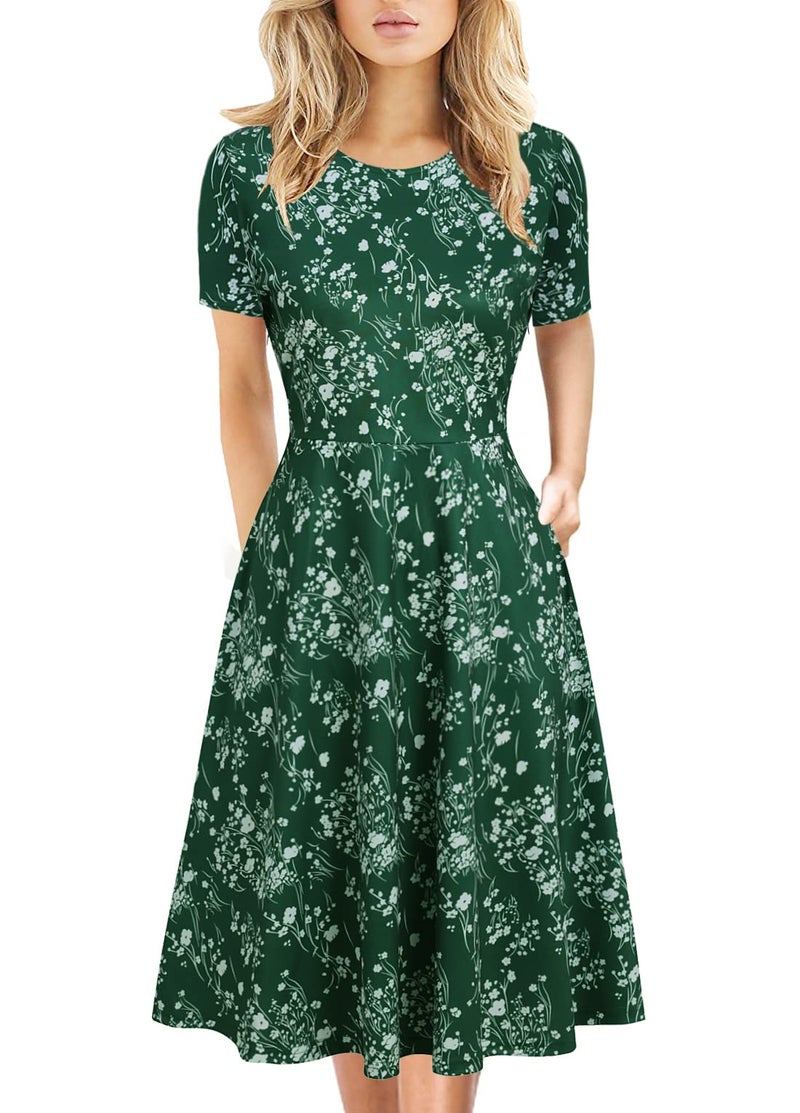 HELYO Women's Elegant Vintage Cotton Casual Floral Print Work Party A-Line Swing Dress with Pockets 162 (S, Green Floral) - Image 1