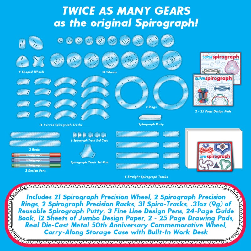 Spirograph Super 50th Anniversary Set –Arts and Crafts, Kids Toys, Art Supplies, Craft Supplies, Drawing Kit, Spiral Art, Classic Gear Design Kit, Case, Pens, Design Sheet Included, Ages 8+ - Image 2