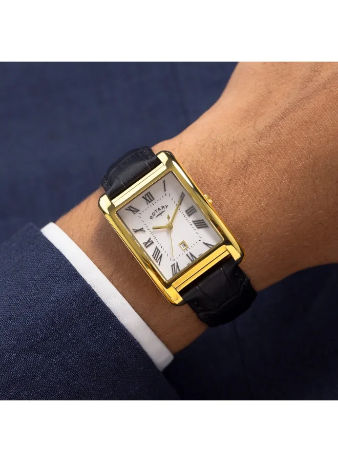 Rotary  Rotary Men's Heritage Astoria Rectangular Gold Plated Stainless Steel Case Black Leather Strap Watch - GS05753/01 for Men | Best Price UAE