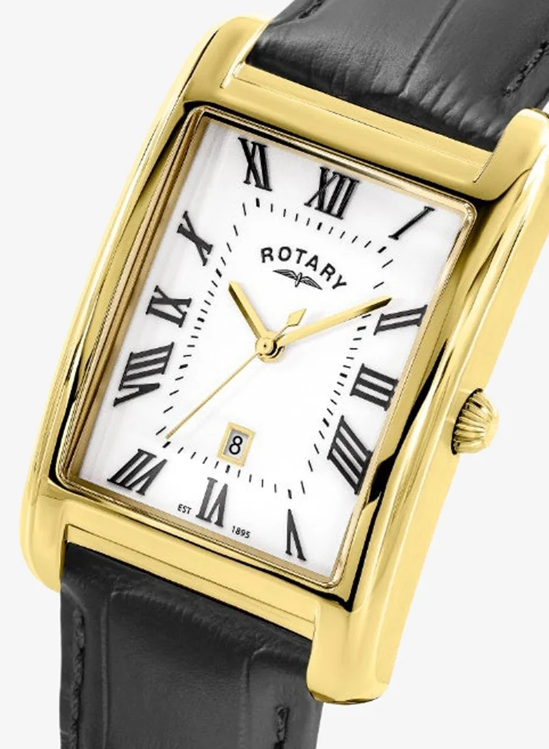 ROTARY Rotary Men's Heritage Astoria Rectangular Gold Plated Stainless Steel Case Black Leather Strap Watch - GS05753/01