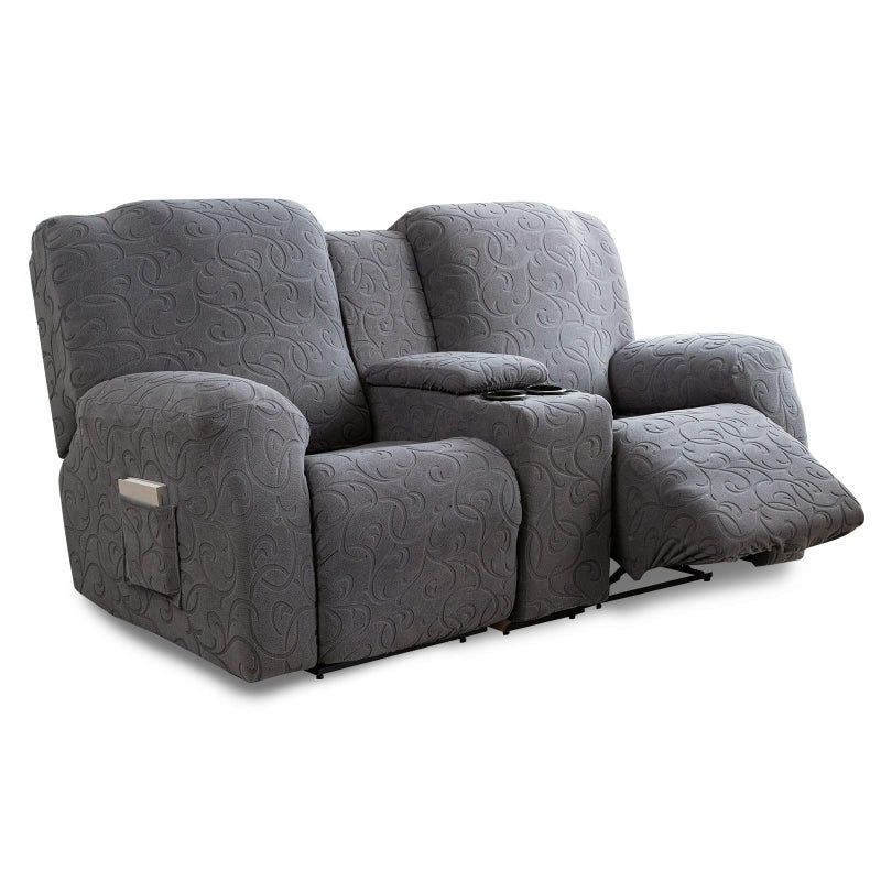 YUEANG Recliner Loveseat Cover with Center Console 2 Seater Jacquard Recliner Sofa Slipcover with Pockets Washable Stretch Reclining Couch Covers Furniture Protector with Elastic Straps Dark Gray