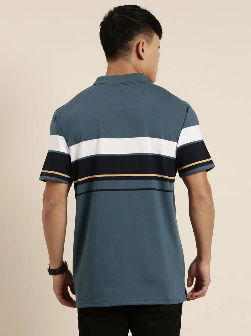 Joven Denim Blue Striped Polo T-Shirt for Men