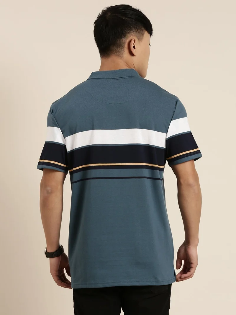 Joven Denim Blue Striped Polo T-Shirt for Men