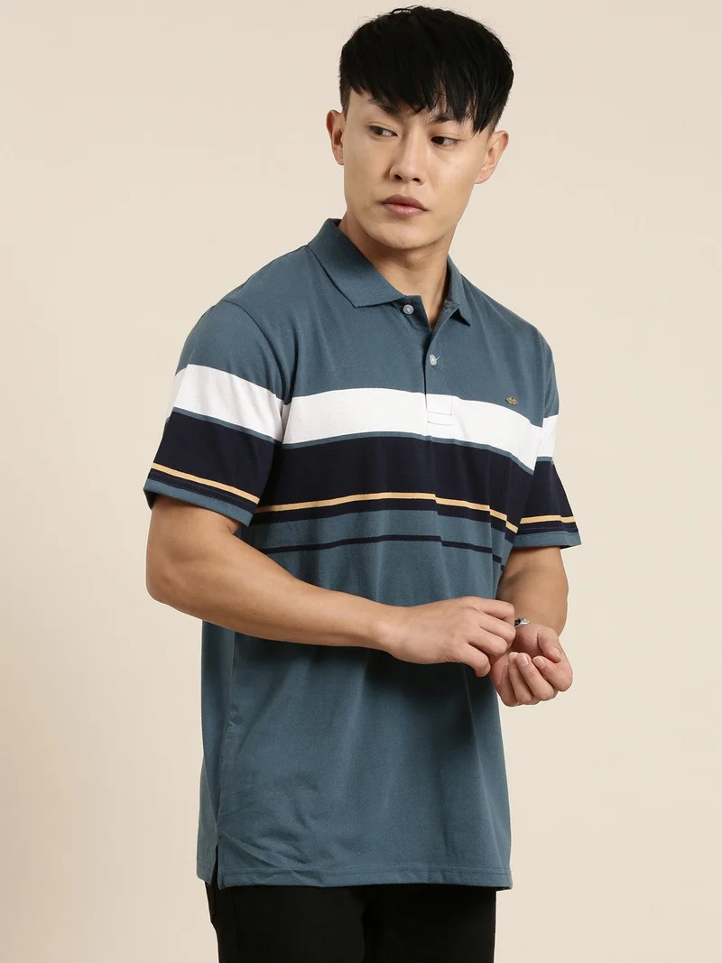 Joven Denim Blue Striped Polo T-Shirt for Men