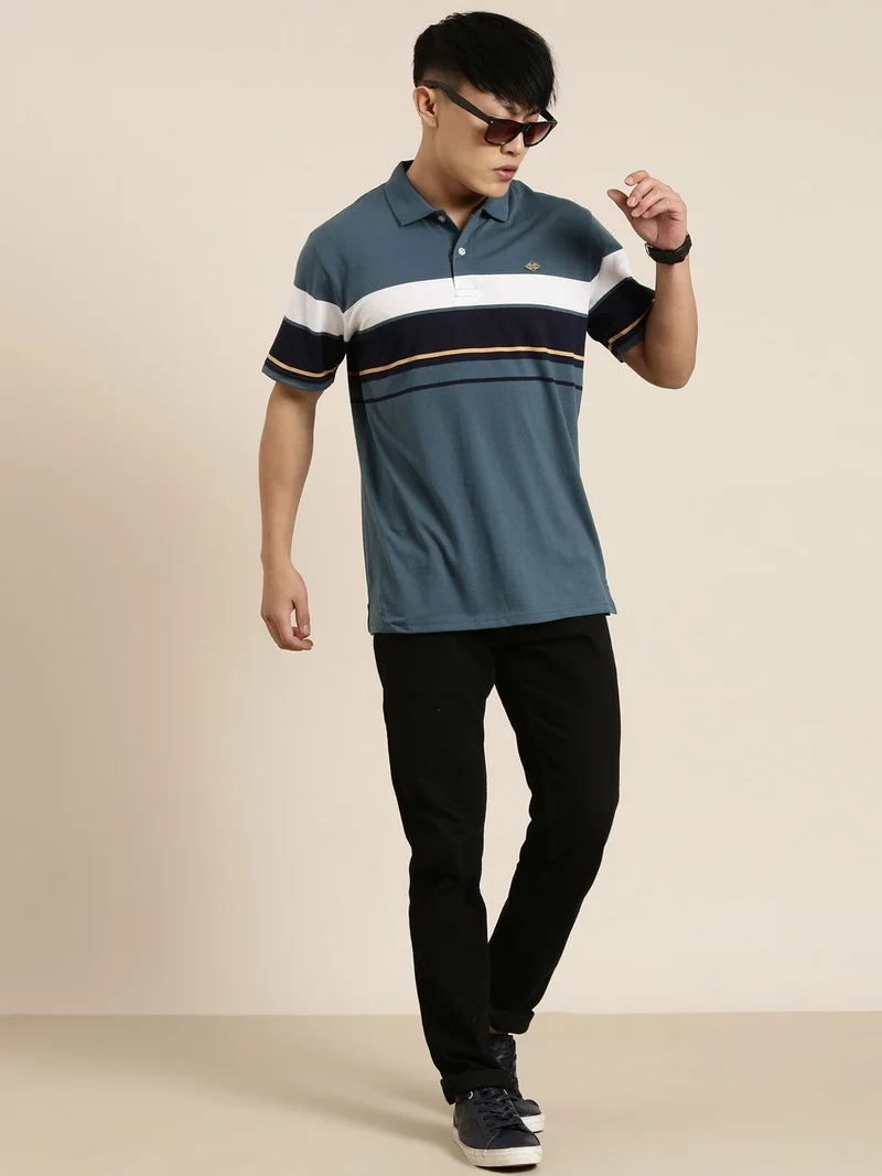 Joven  Denim Blue Striped Polo T-Shirt for Men for Men | Best Price UAE