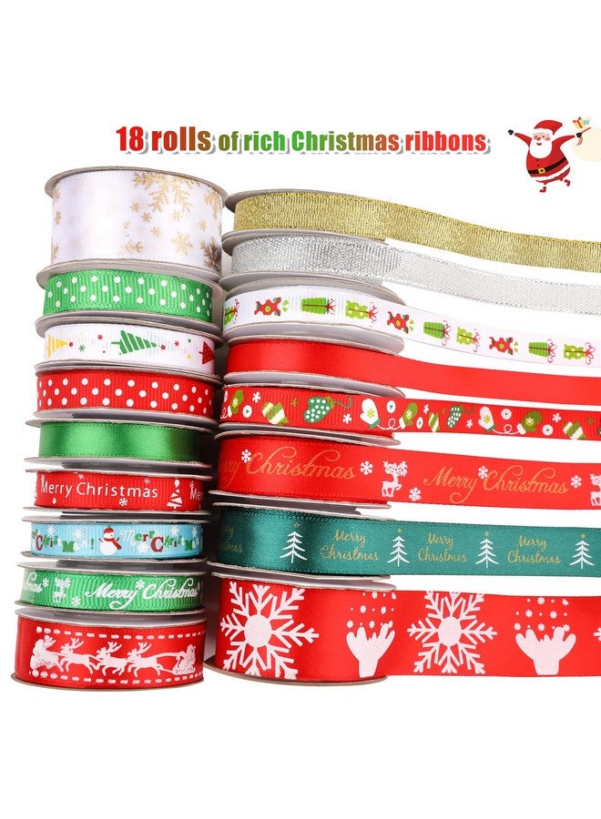 SANNIX 18 Rolls 90 Yards Christmas Ribbons Holiday Printed Grosgrain Satin Ribbon Metallic Glitter Craft Fabric for Xmas Gift Wrapping Decoration, 3 Sizes - Image 2
