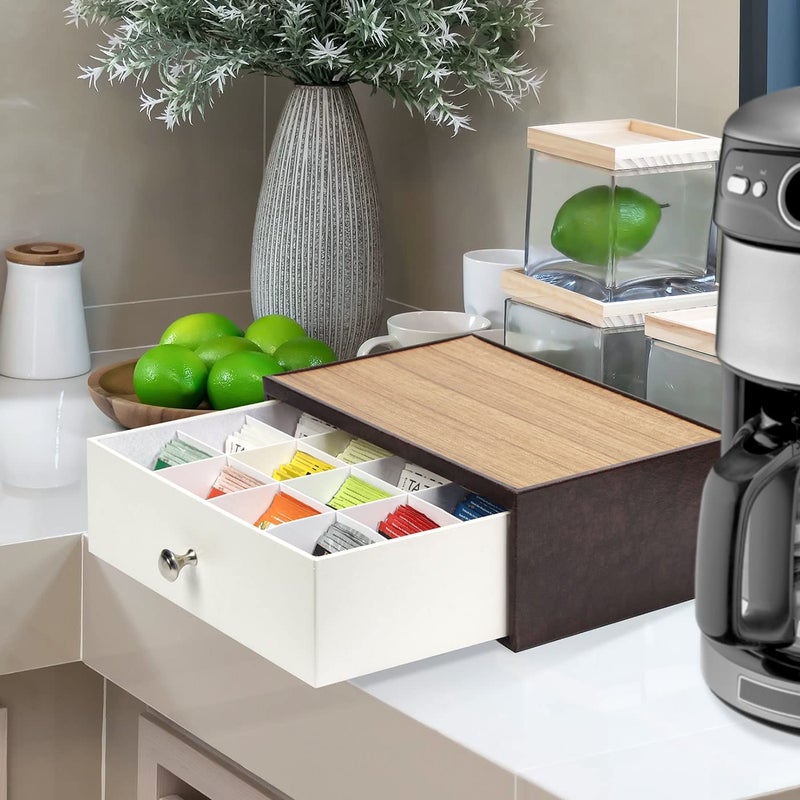 J JACKCUBE DESIGN منظم أكياس الشاي من JackCubeDesign لسطح الطاولة مع درج، منظم تخزين الشاي مع 12 قسم (بني/أبيض) - MK353A - Image 2