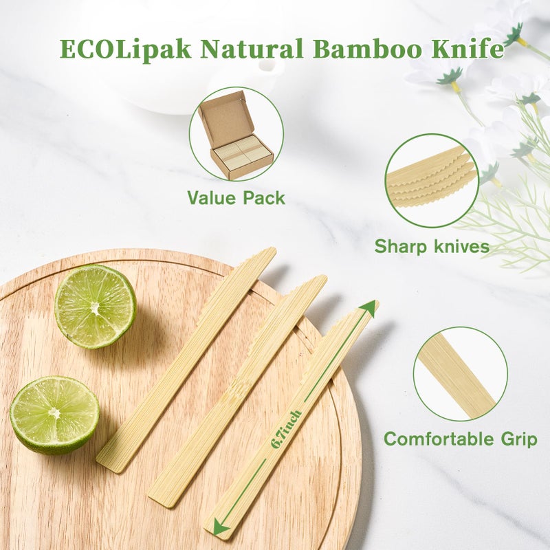 ECOLipak ECOLipak 300 Count Disposable Bamboo Knives  6.7 Inch Bamboo Compostable Disposable Knives for Party  Wedding  Camping  Traveling  Family Dinners  Large Events  - Image 2