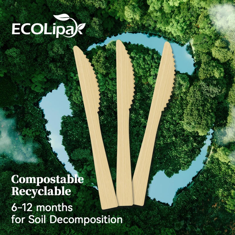 ECOLipak ECOLipak 300 Count Disposable Bamboo Knives  6.7 Inch Bamboo Compostable Disposable Knives for Party  Wedding  Camping  Traveling  Family Dinners  Large Events  - Image 3