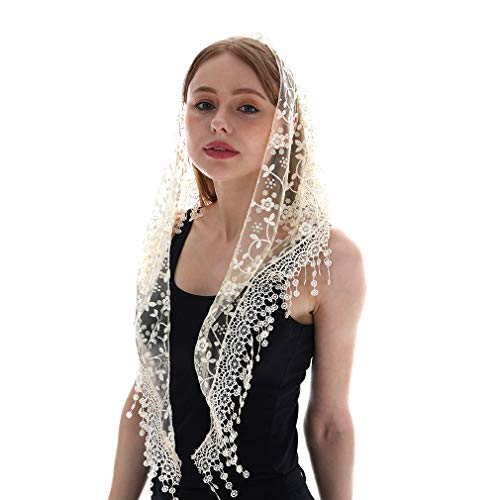 LMVERNA Triangle Floral Veils Tulle Scarf Head Covering for Church (Nude) - Image 2