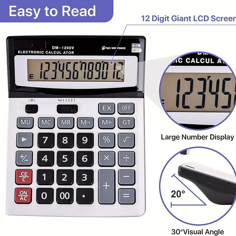 Desktop Calculator With Large Numbers Dual Power Battery And Solar Large Easy To Press Buttons 12 Digit Large Display For Desk Use Model 1200v - Image 4