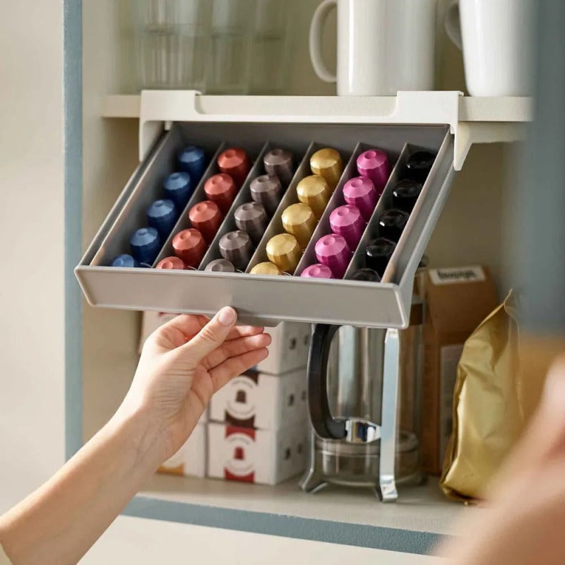 Coffee Capsule Storage 27.2*12.8*7.5 Cm Beige Durable Plastic - Hassle-Free Tool-Free Installation Under-Shelf Organizer for Kitchen Cabinets Wider Than 28 Cm - Image 1