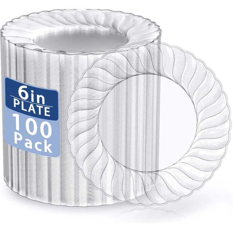 U-QE 100 Pieces Clear Plastic Plates-6 Inch Plastic Dessert Plates Disposable - Washable & Reusable - Premium Hard Clear Plates Fancy Disposable Heavy Duty Plastic Plates for Party,Weddings and Events - Image 1