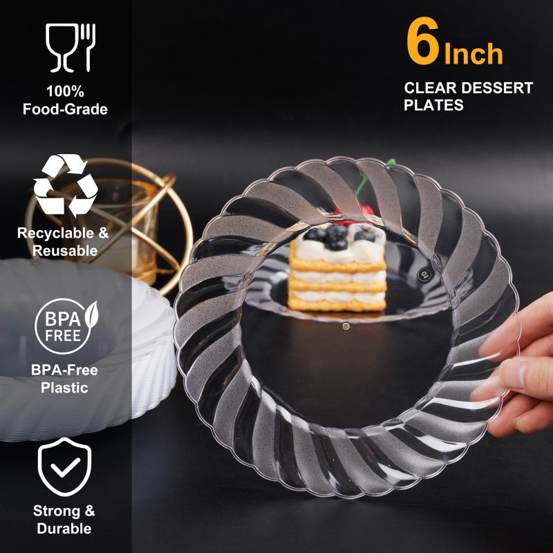 U-QE 100 Pieces Clear Plastic Plates-6 Inch Plastic Dessert Plates Disposable - Washable & Reusable - Premium Hard Clear Plates Fancy Disposable Heavy Duty Plastic Plates for Party,Weddings and Events - Image 3